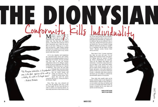 Magazine spread titled the dionysian